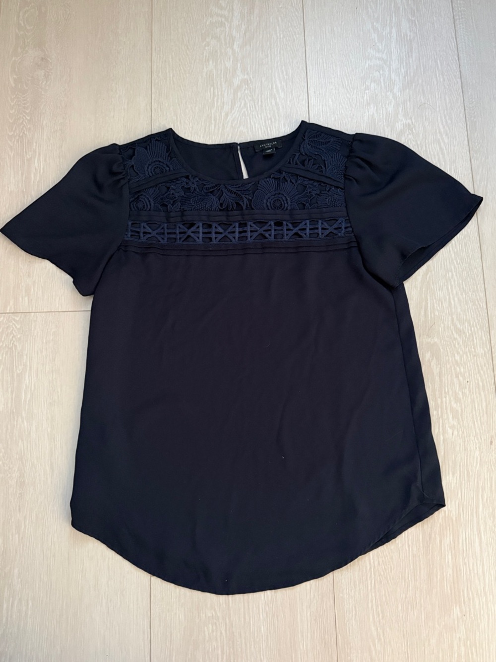 Ann Taylor Navy Blue Lace Yoke Short Sleeve Blouse